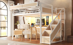 English Elm Full Size Industrial Loft Bed with Built-In Desk Power Outlet LED Wardrobe Storage White W5305S00181