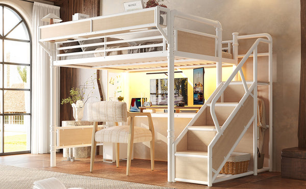 English Elm Full Size Industrial Loft Bed with Built-In Desk Power Outlet LED Wardrobe Storage White W5305S00181