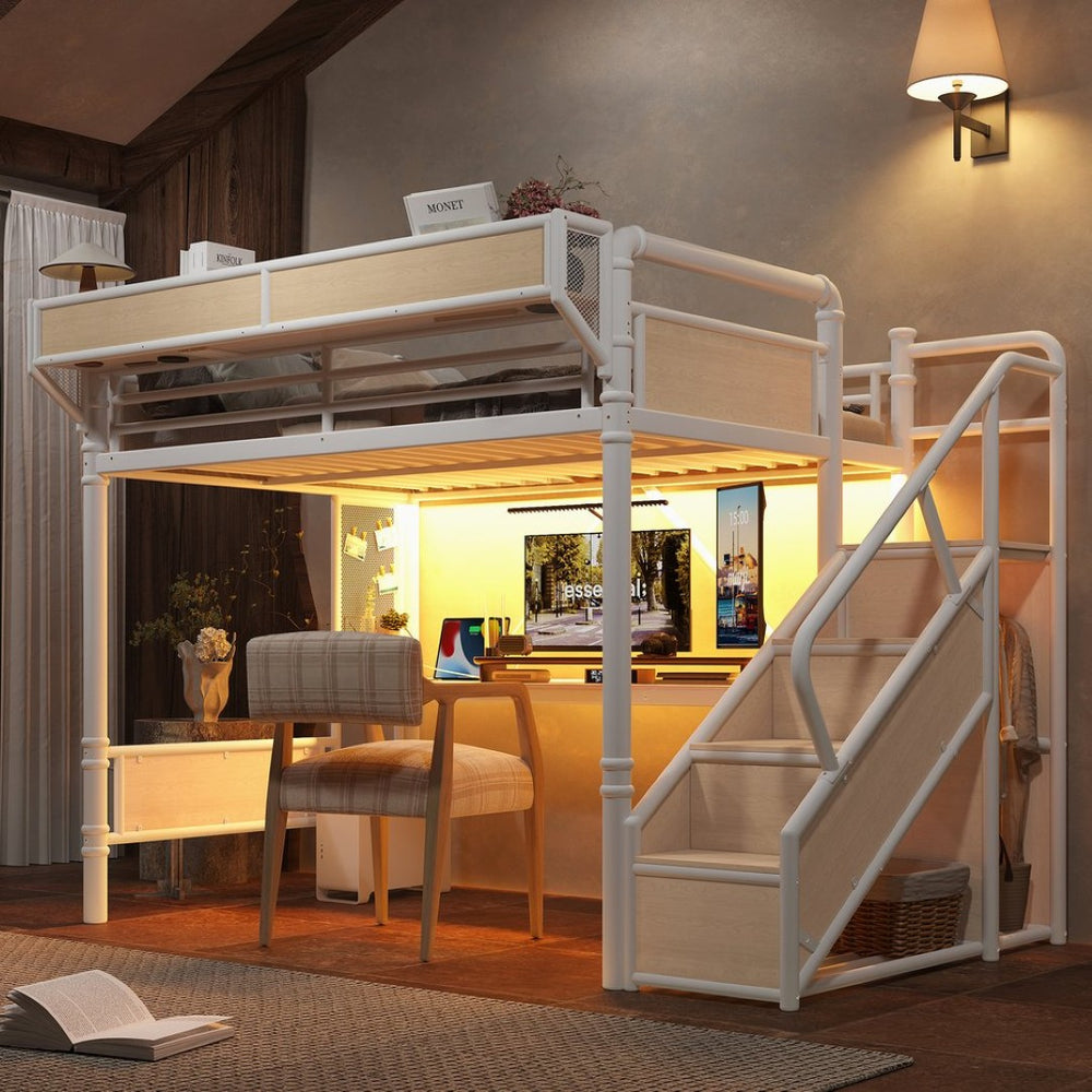 English Elm Full Size Industrial Loft Bed with Built-In Desk Power Outlet LED Wardrobe Storage White W5305S00181