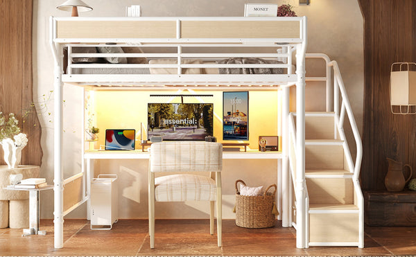 English Elm Full Size Industrial Loft Bed with Built-In Desk Power Outlet LED Wardrobe Storage White W5305S00181