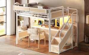 English Elm Full Size Industrial Loft Bed with Built-In Desk Power Outlet LED Wardrobe Storage White W5305S00181