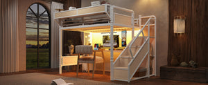 English Elm Full Size Industrial Loft Bed with Built-In Desk Power Outlet LED Wardrobe Storage White W5305S00181