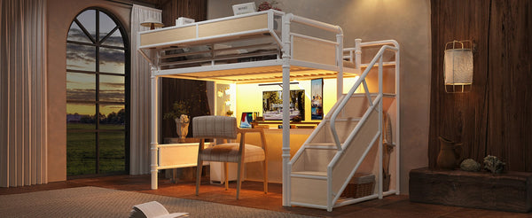 English Elm Full Size Industrial Loft Bed with Built-In Desk Power Outlet LED Wardrobe Storage White W5305S00181
