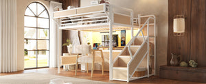 English Elm Full Size Industrial Loft Bed with Built-In Desk Power Outlet LED Wardrobe Storage White W5305S00181