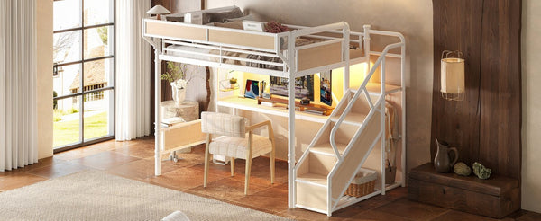 English Elm Full Size Industrial Loft Bed with Built-In Desk Power Outlet LED Wardrobe Storage White W5305S00181
