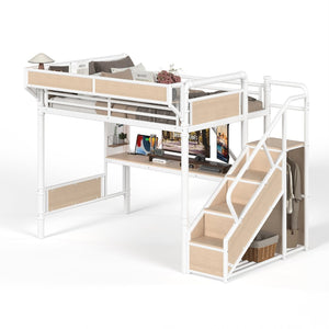 English Elm Full Size Industrial Loft Bed with Built-In Desk Power Outlet LED Wardrobe Storage White W5305S00181