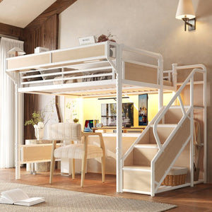 English Elm Full Size Industrial Loft Bed with Built-In Desk Power Outlet LED Wardrobe Storage White W5305S00181