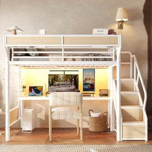English Elm Full Size Industrial Loft Bed with Built-In Desk Power Outlet LED Wardrobe Storage White W5305S00181