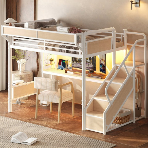 English Elm Full Size Industrial Loft Bed with Built-In Desk Power Outlet LED Wardrobe Storage White W5305S00181