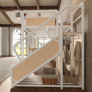 English Elm Full Size Industrial Loft Bed with Built-In Desk Power Outlet LED Wardrobe Storage White W5305S00181