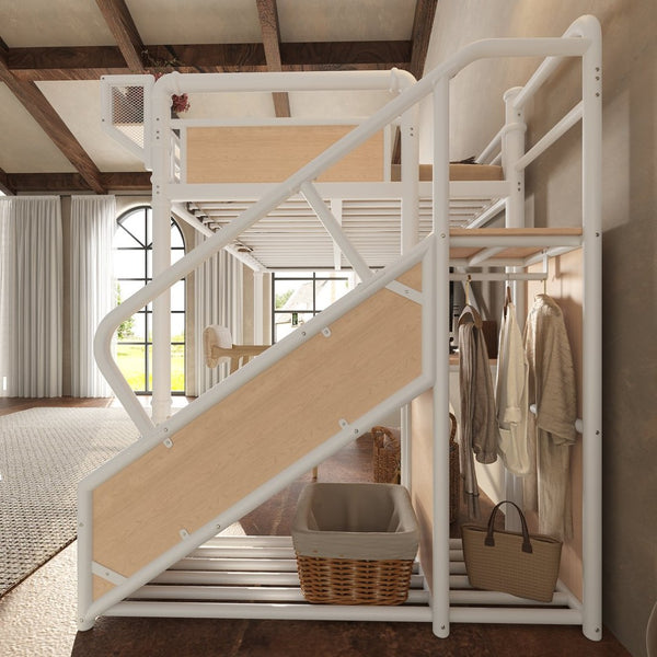 English Elm Full Size Industrial Loft Bed with Built-In Desk Power Outlet LED Wardrobe Storage White W5305S00181