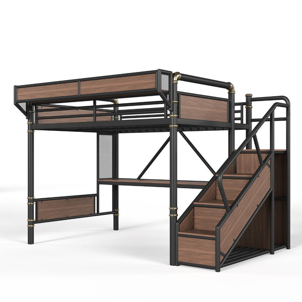 English Elm Queen Industrial Loft Bed with Desk Power Outlet Led Lighting Wardrobe and Stair Storage Black W5305S00183