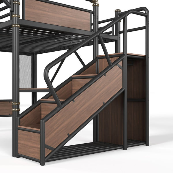 English Elm Queen Industrial Loft Bed with Desk Power Outlet Led Lighting Wardrobe and Stair Storage Black W5305S00183