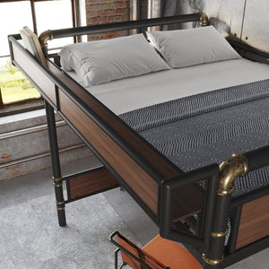 English Elm Queen Industrial Loft Bed with Desk Power Outlet Led Lighting Wardrobe and Stair Storage Black W5305S00183