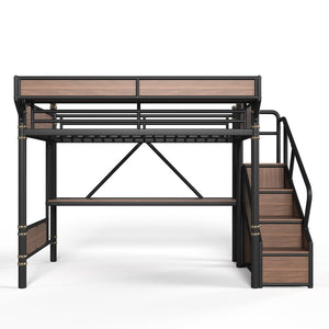 English Elm Queen Industrial Loft Bed with Desk Power Outlet Led Lighting Wardrobe and Stair Storage Black W5305S00183