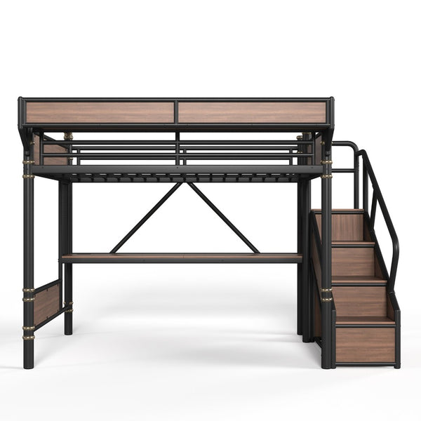 English Elm Queen Industrial Loft Bed with Desk Power Outlet Led Lighting Wardrobe and Stair Storage Black W5305S00183