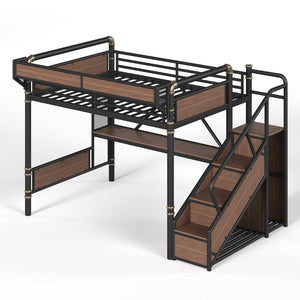 English Elm Queen Industrial Loft Bed with Desk Power Outlet Led Lighting Wardrobe and Stair Storage Black W5305S00183