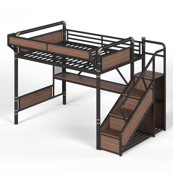 English Elm Queen Industrial Loft Bed with Desk Power Outlet Led Lighting Wardrobe and Stair Storage Black W5305S00183