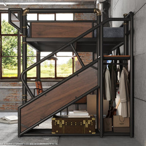English Elm Queen Industrial Loft Bed with Desk Power Outlet Led Lighting Wardrobe and Stair Storage Black W5305S00183