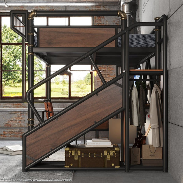 English Elm Queen Industrial Loft Bed with Desk Power Outlet Led Lighting Wardrobe and Stair Storage Black W5305S00183