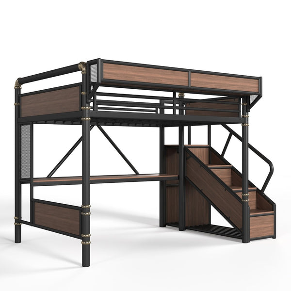 English Elm Queen Industrial Loft Bed with Desk Power Outlet Led Lighting Wardrobe and Stair Storage Black W5305S00183