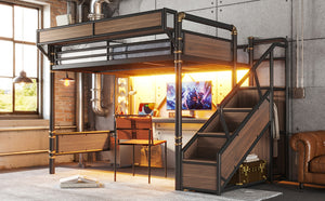 English Elm Queen Industrial Loft Bed with Desk Power Outlet Led Lighting Wardrobe and Stair Storage Black W5305S00183