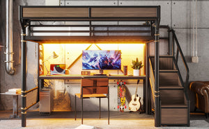 English Elm Queen Industrial Loft Bed with Desk Power Outlet Led Lighting Wardrobe and Stair Storage Black W5305S00183