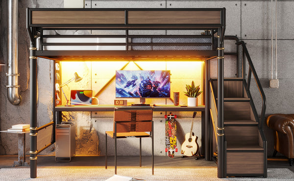 English Elm Queen Industrial Loft Bed with Desk Power Outlet Led Lighting Wardrobe and Stair Storage Black W5305S00183