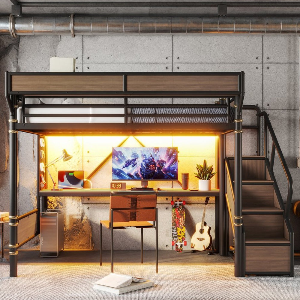 English Elm Queen Industrial Loft Bed with Desk Power Outlet Led Lighting Wardrobe and Stair Storage Black W5305S00183