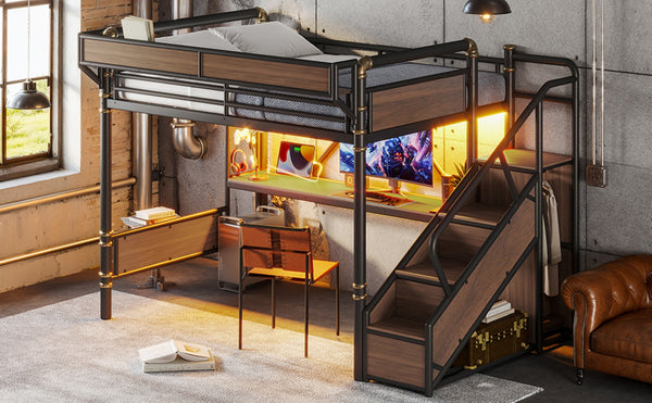 English Elm Queen Industrial Loft Bed with Desk Power Outlet Led Lighting Wardrobe and Stair Storage Black W5305S00183