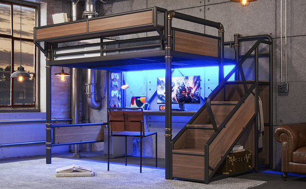 English Elm Queen Industrial Loft Bed with Desk Power Outlet Led Lighting Wardrobe and Stair Storage Black W5305S00183
