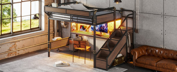 English Elm Queen Industrial Loft Bed with Desk Power Outlet Led Lighting Wardrobe and Stair Storage Black W5305S00183