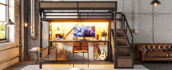 English Elm Queen Industrial Loft Bed with Desk Power Outlet Led Lighting Wardrobe and Stair Storage Black W5305S00183