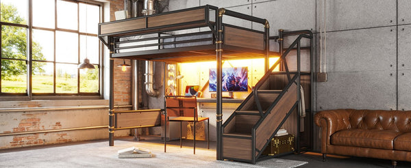 English Elm Queen Industrial Loft Bed with Desk Power Outlet Led Lighting Wardrobe and Stair Storage Black W5305S00183