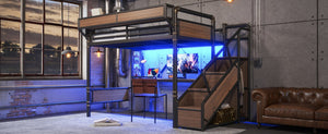 English Elm Queen Industrial Loft Bed with Desk Power Outlet Led Lighting Wardrobe and Stair Storage Black W5305S00183