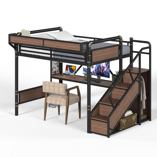 English Elm Queen Industrial Loft Bed with Desk Power Outlet Led Lighting Wardrobe and Stair Storage Black W5305S00183