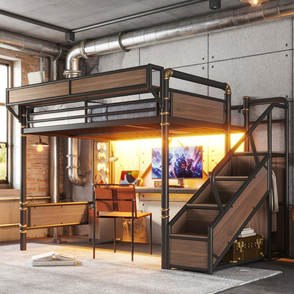 English Elm Queen Industrial Loft Bed with Desk Power Outlet Led Lighting Wardrobe and Stair Storage Black W5305S00183