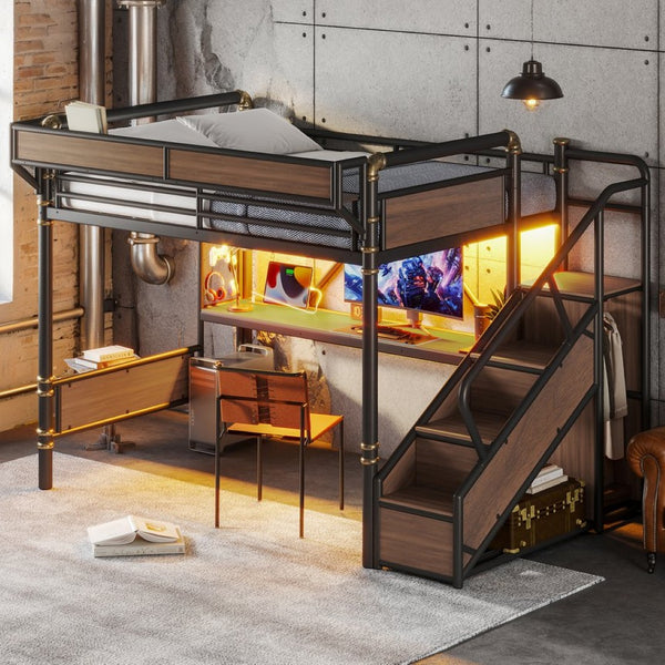 English Elm Queen Industrial Loft Bed with Desk Power Outlet Led Lighting Wardrobe and Stair Storage Black W5305S00183