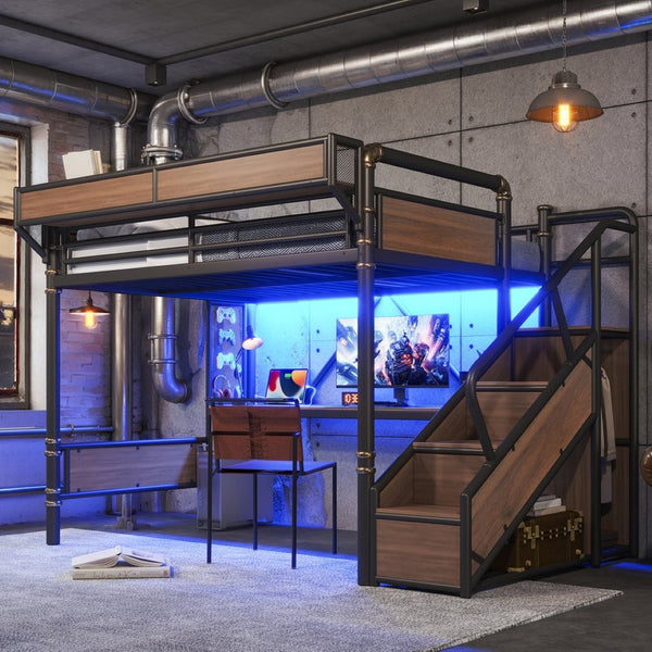 English Elm Queen Industrial Loft Bed with Desk Power Outlet Led Lighting Wardrobe and Stair Storage Black W5305S00183