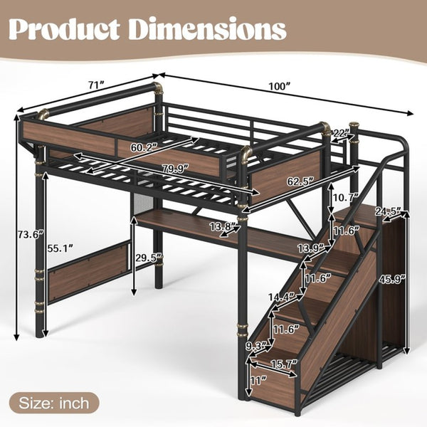 English Elm Queen Industrial Loft Bed with Desk Power Outlet Led Lighting Wardrobe and Stair Storage Black W5305S00183