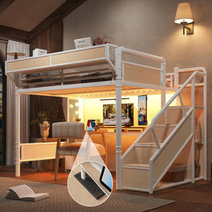 English Elm Queen Industrial Loft Bed with Desk Power Outlet Led Lighting Wardrobe and Stair Storage White W5305S00184