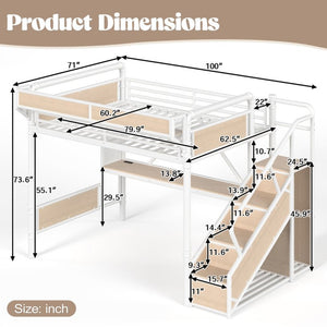 English Elm Queen Industrial Loft Bed with Desk Power Outlet Led Lighting Wardrobe and Stair Storage White W5305S00184