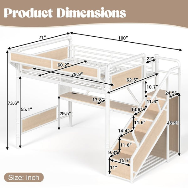 English Elm Queen Industrial Loft Bed with Desk Power Outlet Led Lighting Wardrobe and Stair Storage White W5305S00184