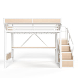 English Elm Queen Industrial Loft Bed with Desk Power Outlet Led Lighting Wardrobe and Stair Storage White W5305S00184