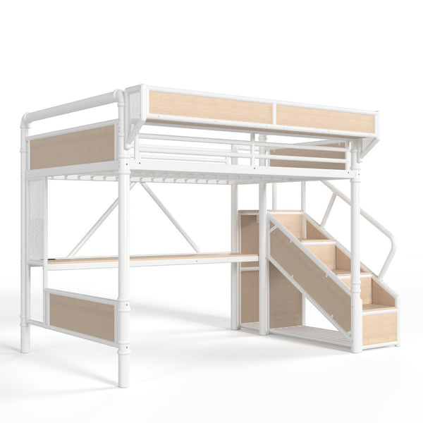 English Elm Queen Industrial Loft Bed with Desk Power Outlet Led Lighting Wardrobe and Stair Storage White W5305S00184