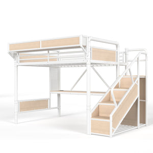 English Elm Queen Industrial Loft Bed with Desk Power Outlet Led Lighting Wardrobe and Stair Storage White W5305S00184