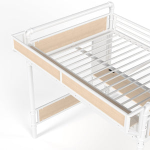 English Elm Queen Industrial Loft Bed with Desk Power Outlet Led Lighting Wardrobe and Stair Storage White W5305S00184