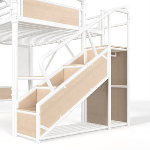 English Elm Queen Industrial Loft Bed with Desk Power Outlet Led Lighting Wardrobe and Stair Storage White W5305S00184