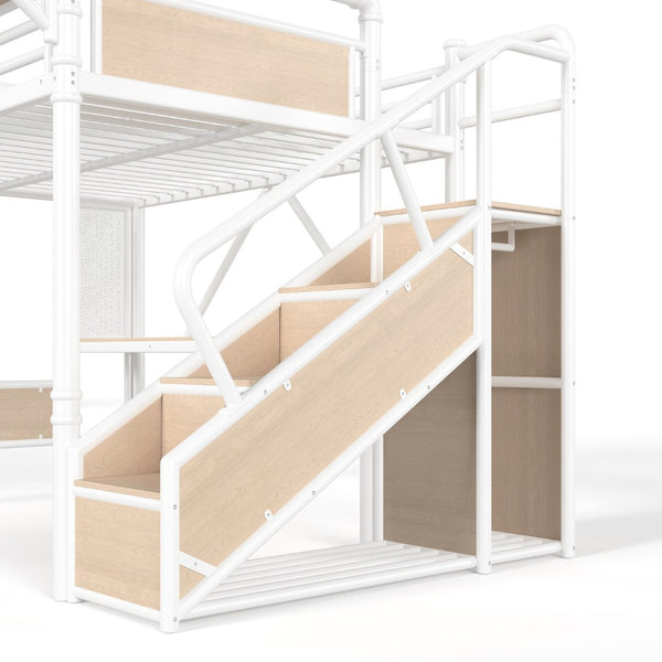 English Elm Queen Industrial Loft Bed with Desk Power Outlet Led Lighting Wardrobe and Stair Storage White W5305S00184