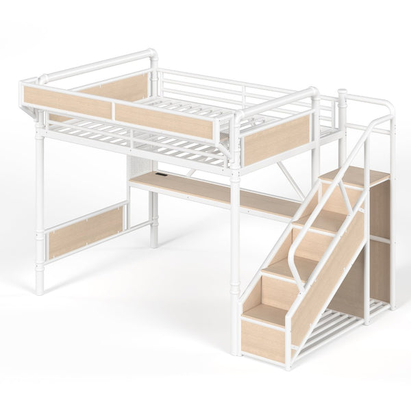 English Elm Queen Industrial Loft Bed with Desk Power Outlet Led Lighting Wardrobe and Stair Storage White W5305S00184